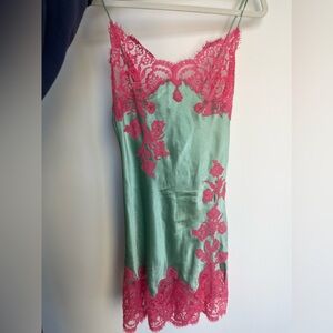 French Lingerie Silk Green Pink Slip Dress